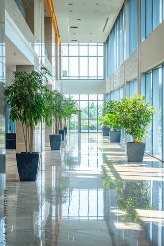 A modern hallway featuring large windows and potted plants, creating a bright atmosphere.