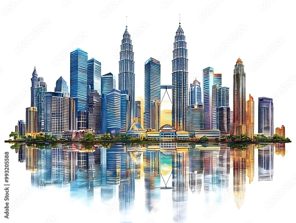 Fototapeta premium Illustration of Kuala Lumpur Skyline Reflected in Water