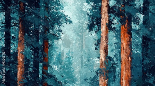 Sequoia tree forest in California at rainy autumn day. Abstract illustration in artistic painting style. Generative Ai