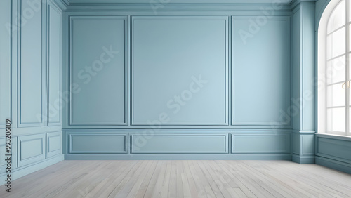 Empty blue room studio against classic wall panels. Modern pastel color studio design mockup in minimalist style. Room mockup with luxury modern design. 