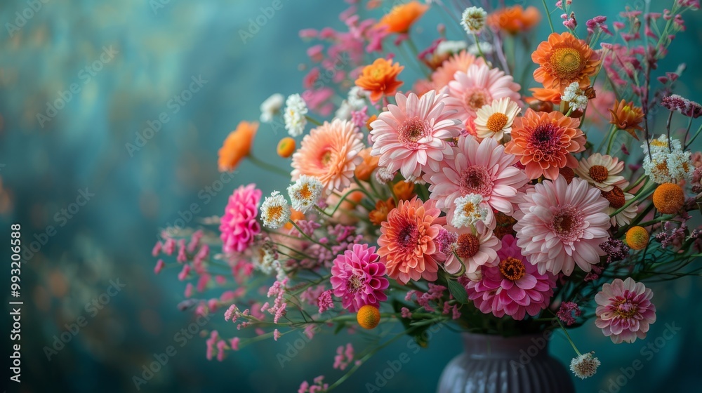 Autumn or fall season. A bouquet of flowers pink, orange, and white. The flowers are arranged in a vase and are placed on a green background. Autumn or fall season. A bouquet of flowers pink, orange, and white. The flowers are arranged in a vase and are placed on a green background.