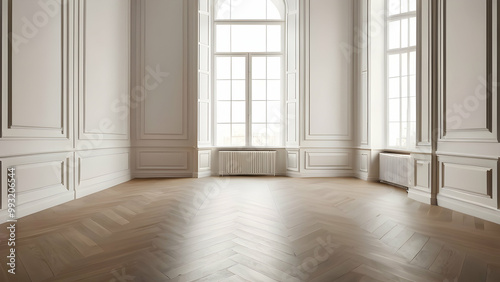 Empty studio against classic wall panels. Minimalist space with window shadow overlay on floor. Room mockup with luxury modern design. 
