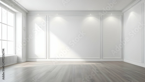 Empty room interior against white classic wall panels. Modern studio design. Bright minimalist space. Luxury space for displaying product.