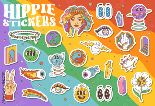 Stickers pack of groovy hippie symbols in psychedelic retro cartoon, vector icons. 70s groovy hippie stickers of girl head with rainbow hair and love or peace sign, funky freaky smile emoji and flower
