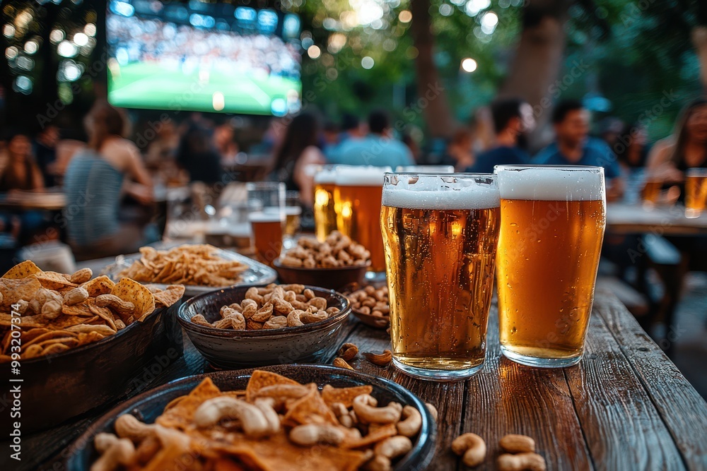 Frosty beer and hors d'oeuvres on a rustic table during Summer evening with a blurry outdoor bar in the background Frosty beer and hors d'oeuvres on a rustic table during Summer evening with a blurry outdoor bar in the background