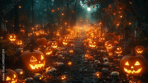 16. A creepy scene with a graveyard full of jack-o'-lanterns, skulls lining the pathways, and ghostly figures illuminated by the moonlight.