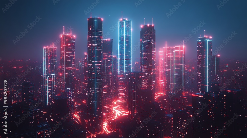 Fototapeta premium A futuristic city skyline at night with glowing neon lights and skyscrapers.