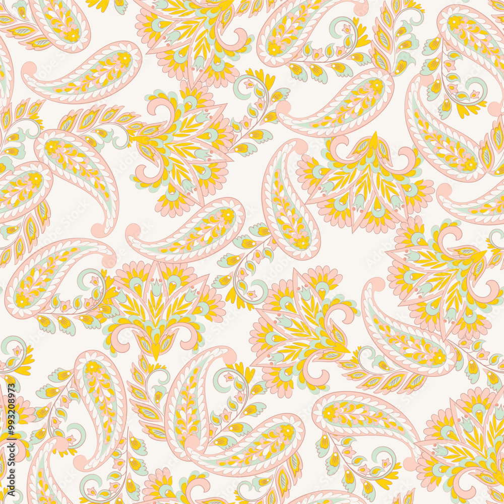 Digital vector textile print. Seamless Design suitable for covers, fabrics, textiles, wrapping paper, featuring an antique Thai pattern Paisley Indian motifs and decorative floral elements Digital vector textile print. Seamless Design suitable for covers, fabrics, textiles, wrapping paper, featuring an antique Thai pattern Paisley Indian motifs and decorative floral elements