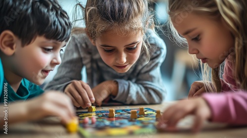 A group of children playing a board game, their faces a mix of concentration and excitement photo