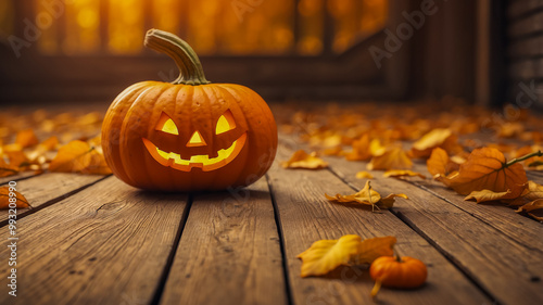 Glowing pumpkins on a wooden background and fall leaves for Halloween.