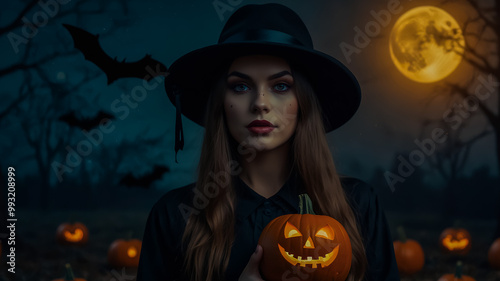 Woman in black hat, scary Halloween makeup and glowing pumpkin, full moon and bats.