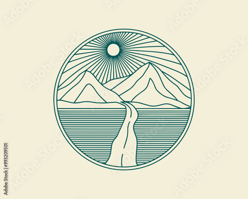 Nature and travel line art boho vector outdoor badge or emblem. Round bohemian logo design. Modern symbol in trendy minimalist lineart style. Perfect for apparel prints or posters.