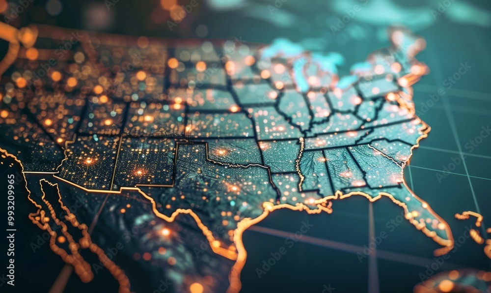 Naklejka premium Futuristic technology USA map with glowing lights, global communication and connection concept.