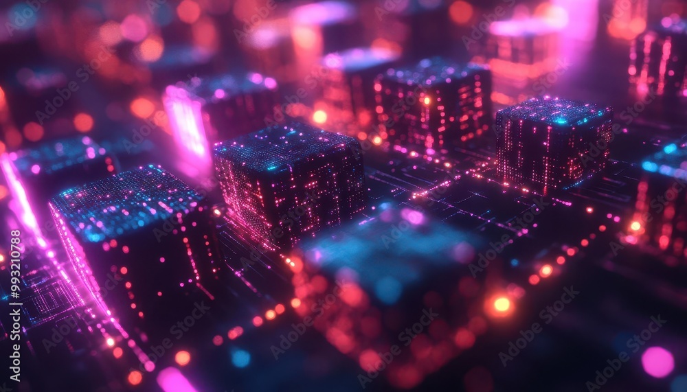 Blockchain technology being demonstrated with digital blocks and connections, futuristic style, sharp focus, vibrant colors Blockchain technology being demonstrated with digital blocks and connections, futuristic style, sharp focus, vibrant colors