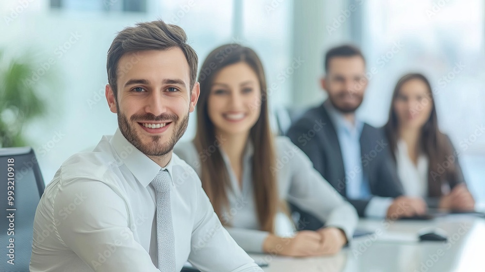 Diverse business team collaborating in modern office setting Diverse business team collaborating in modern office setting