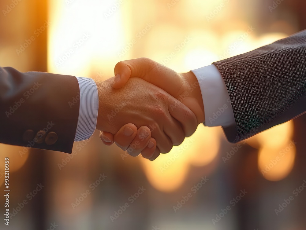 Business deal being closed with a handshake between executives, professional setting, sharp focus, warm lighting Business deal being closed with a handshake between executives, professional setting, sharp focus, warm lighting