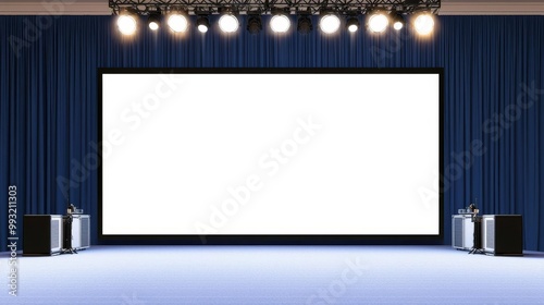 Conference presentation stage showing a large LED screen ready for a keynote speech