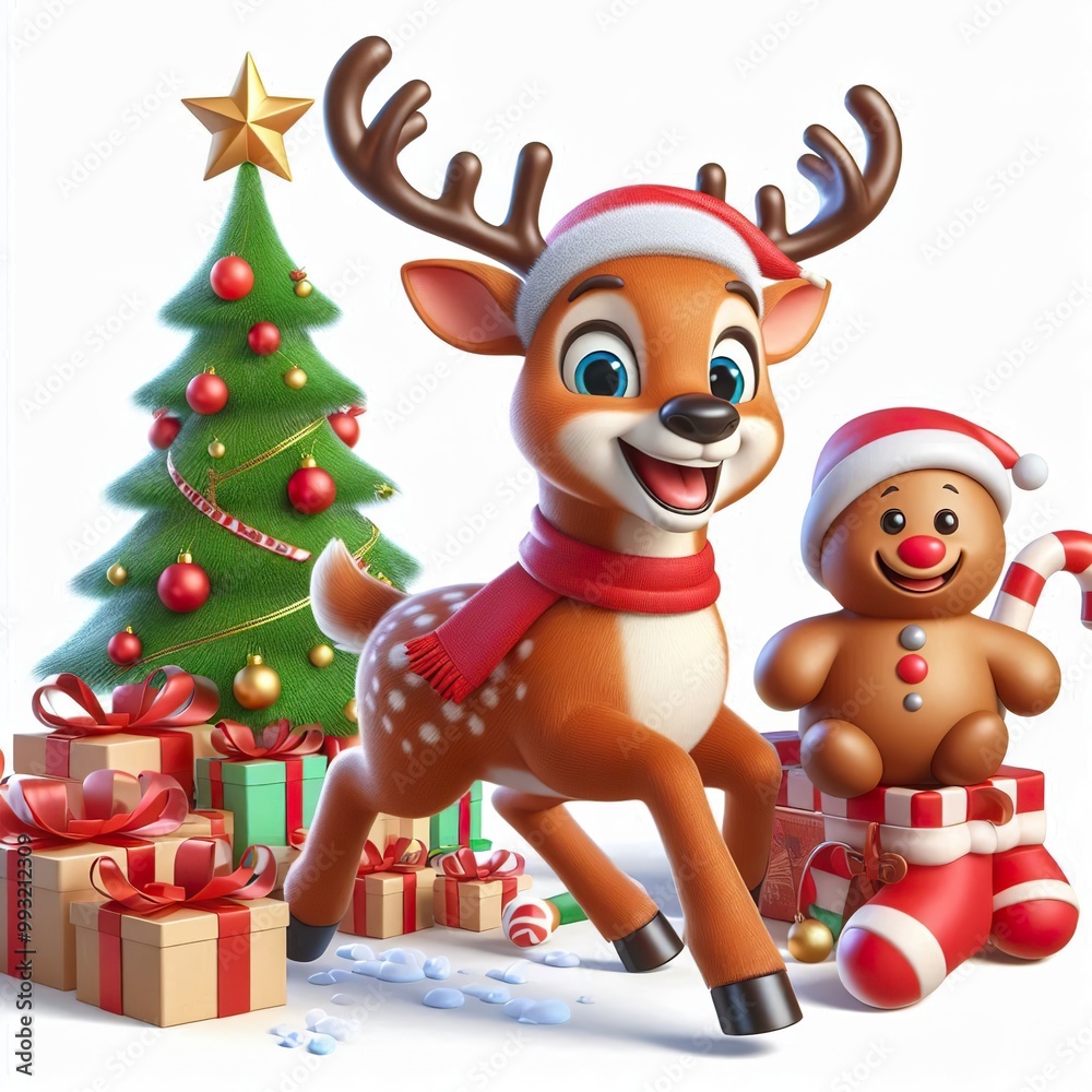 Fototapeta premium 3d Cartoon Happy christmas reindeer hyper-realistic, isolated on a white background