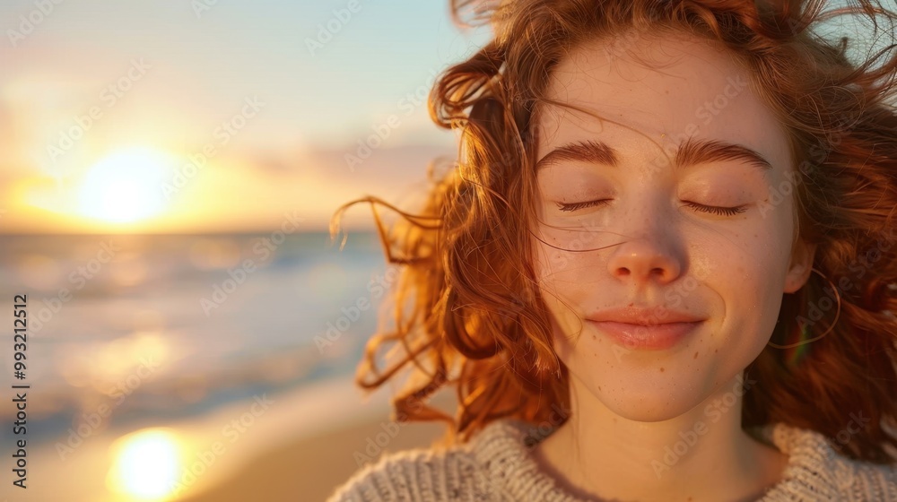 Woman Enjoying a Breezy Sunset at the Beach Woman Enjoying a Breezy Sunset at the Beach