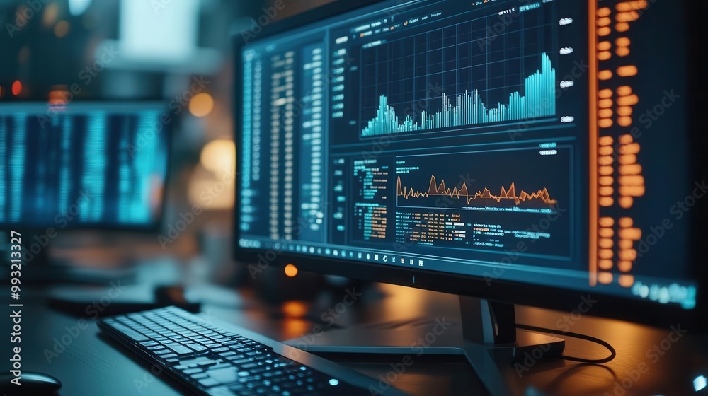 Data analysis on a computer screen with complex graphs, analytical style, close-up, sharp focus, bright lighting Data analysis on a computer screen with complex graphs, analytical style, close-up, sharp focus, bright lighting