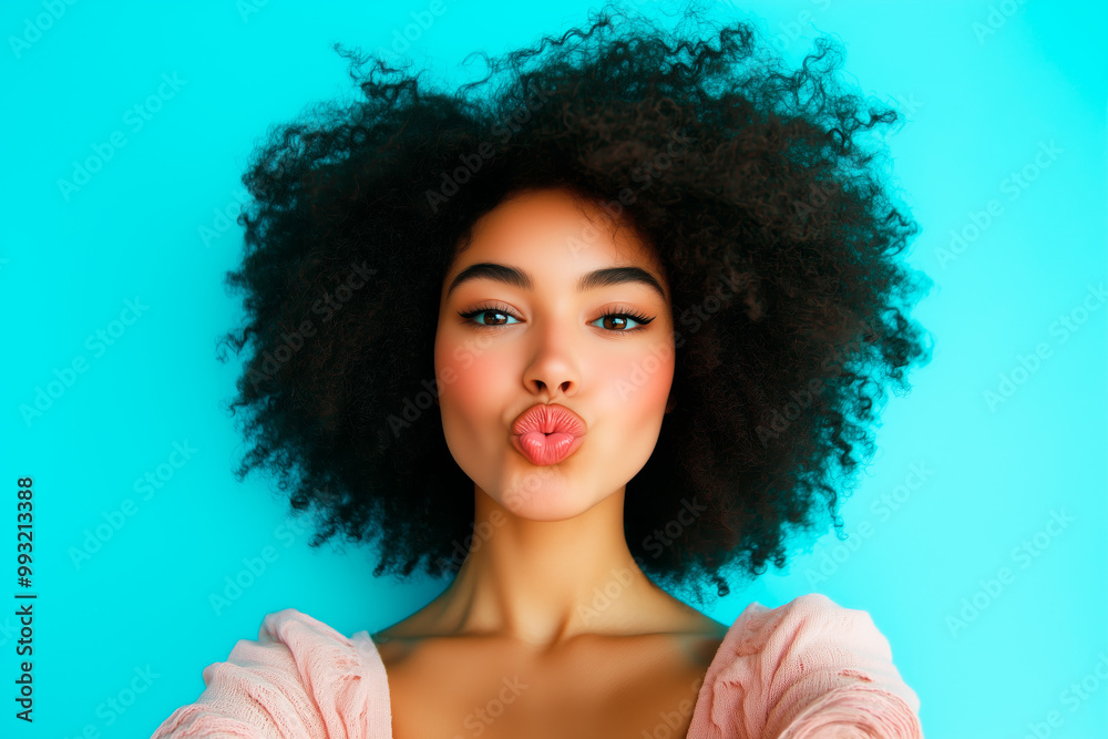 Young woman with curly hair making a kiss face while taking a selfie against a bright blue background. Playful and self-expression concept Young woman with curly hair making a kiss face while taking a selfie against a bright blue background. Playful and self-expression concept