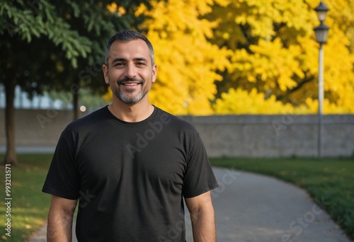 Handsome Middle Eastern man on a sunny day. Middle Eastern male smiling outdoors. Happy Middle Eastern man enjoying the outdoors.