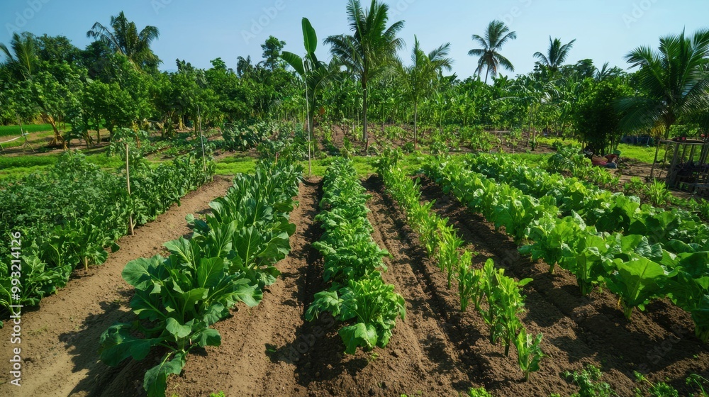 A lush vegetable garden with rows of various plants, surrounded by tall palm trees under a clear blue sky. A lush vegetable garden with rows of various plants, surrounded by tall palm trees under a clear blue sky.