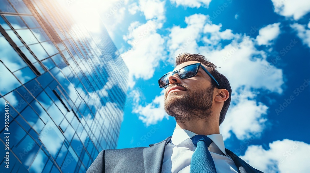 Fototapeta premium Businessman Looking Up at Towering Skyscraper in Modern Urban Landscape
