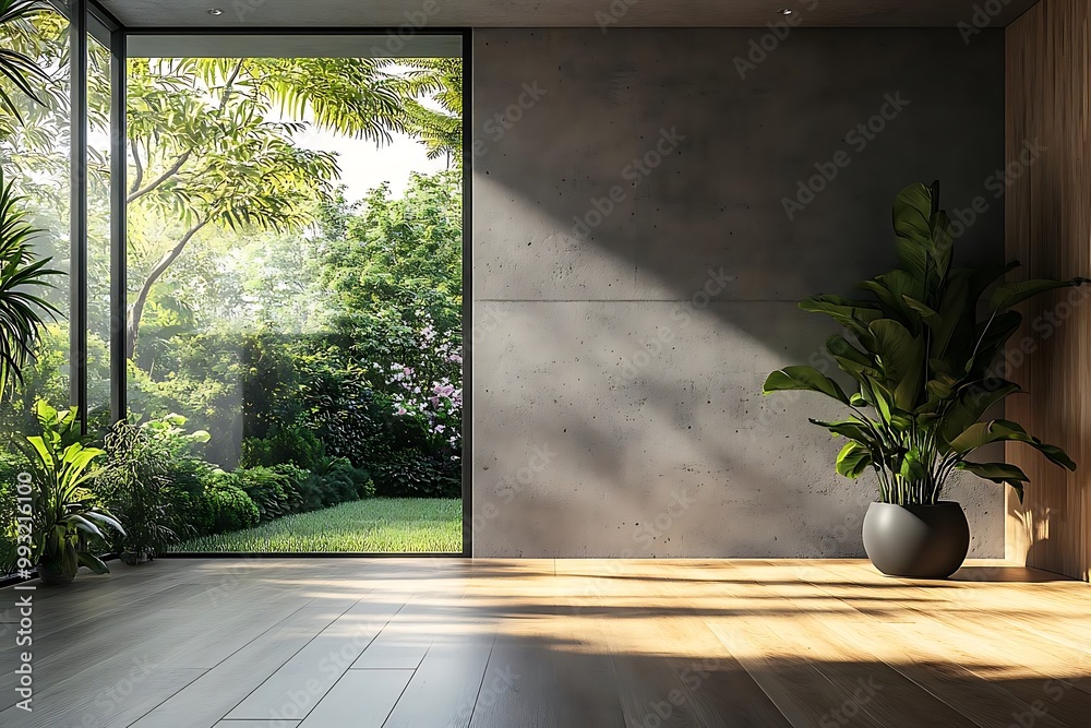 Illustration of Empty Room with Sunlight and Greenery, Minimal Interior Design