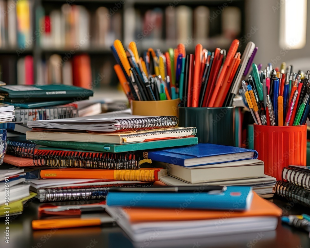 Learning materials spread out on a table, including textbooks, pens, and notebooks, organized style, sharp focus, bright lighting Learning materials spread out on a table, including textbooks, pens, and notebooks, organized style, sharp focus, bright lighting