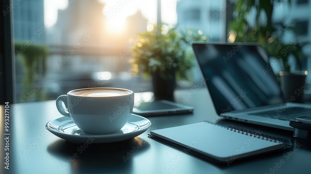 Office desk with work essentials like a laptop, coffee, and notebooks, minimalist style, close-up, sharp focus, bright lighting Office desk with work essentials like a laptop, coffee, and notebooks, minimalist style, close-up, sharp focus, bright lighting