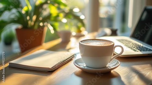 Office desk with work essentials like a laptop, coffee, and notebooks, minimalist style, close-up, sharp focus, bright lighting