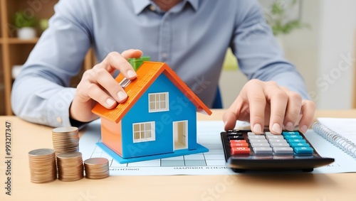 Man Calculating Mortgage Costs with a Toy House and Calculator