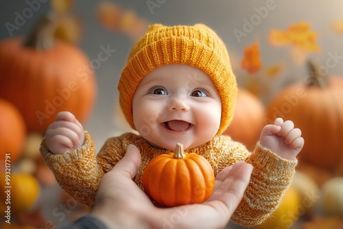 Cute little baby boy wearing yellow and brown sweater holding small freshly harvested pumpkin and beaing very happy and cheerful. Thanksgiving day concept. Generative Ai photo