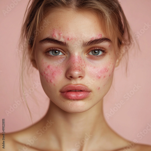 Acne: Involves pimples, blackheads, and cysts caused by clogged pores, bacteria, and inflammation photo