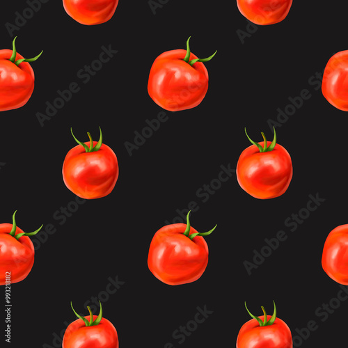 Seamless pattern with red ripe juicy tomatoes. A healthy diet of vegetables, vegetarian dishes and ingredients. Floral background for packaging and textiles. Digital illustration on white background