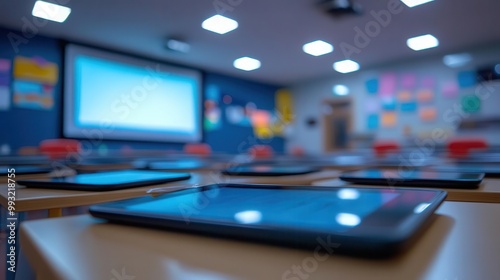 School technology in use with tablets and smartboards in a classroom, modern style, sharp focus, bright lighting, high detail