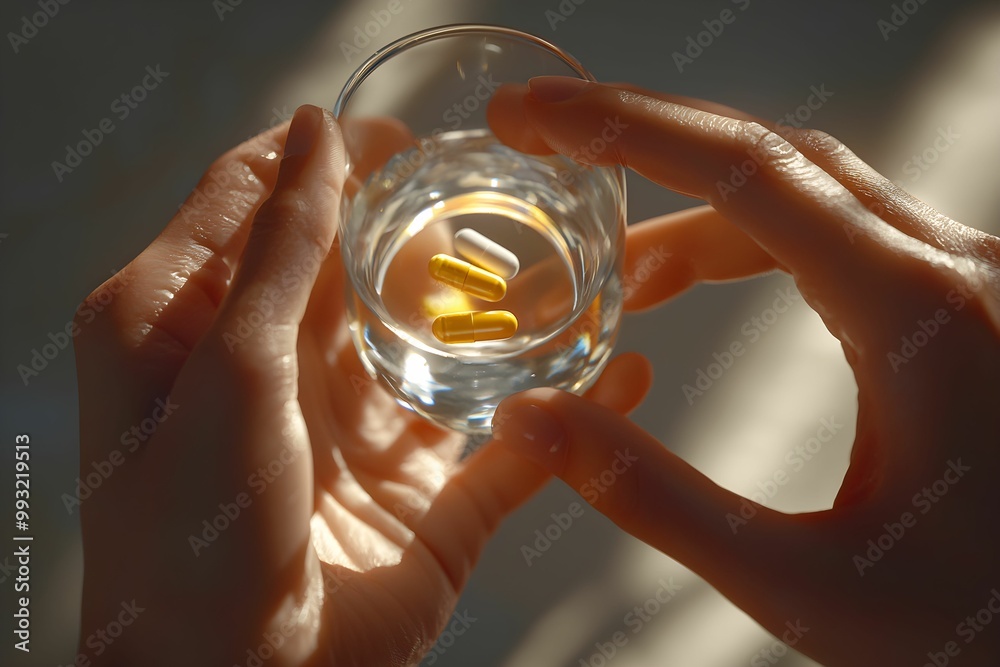 Person holds a glass of water with dietary supplements at home Person holds a glass of water with dietary supplements at home