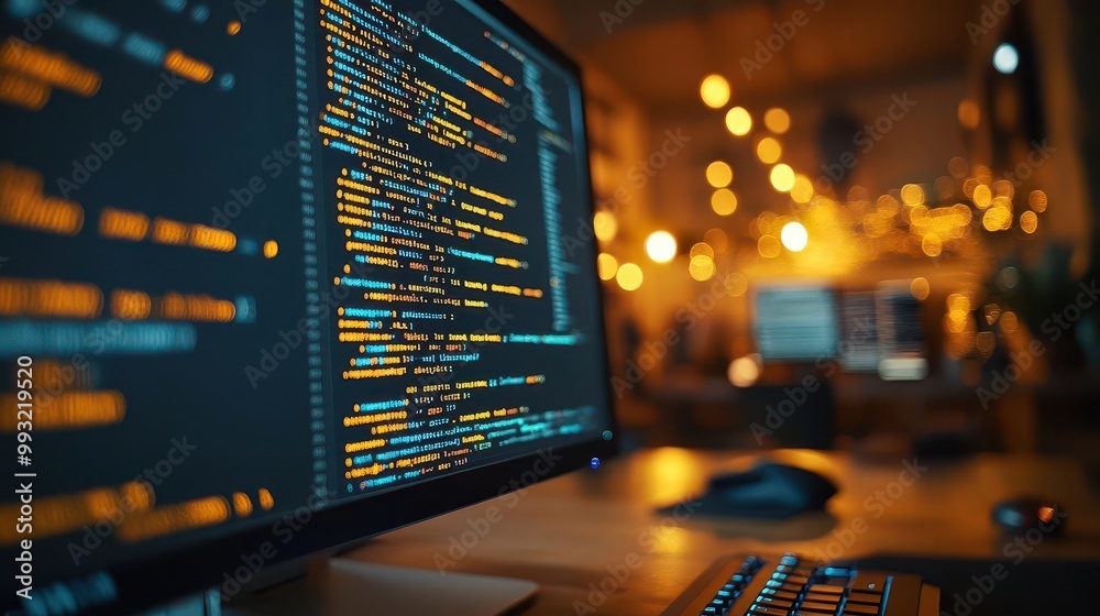 Software coding on a computer with lines of code visible on the screen, tech-savvy style, close-up, sharp focus, bright lighting