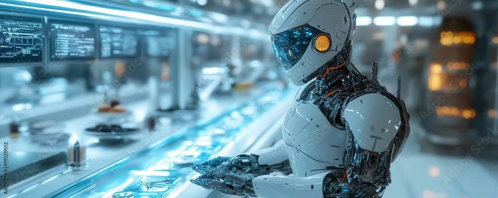 Fototapeta premium Robot chef in hightech kitchen, futuristic, metallic and vibrant, digital painting