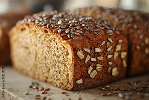 Freshly baked whole grain bread with seeds on a wooden surface