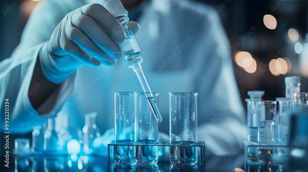 Scientist in Lab Coat Using Pipette to Add Liquid to Test Tubes Scientist in Lab Coat Using Pipette to Add Liquid to Test Tubes