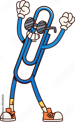 Groovy school clip character wearing sunglasses and sneakers. Cartoon vector retro paperclip, educational stationery personage raised fists and playful expression, exudes funky vibe and excitement