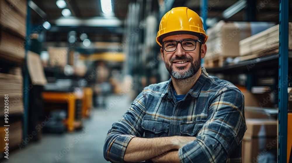Smiling Construction Worker in Hardhat Stands in Warehouse Smiling Construction Worker in Hardhat Stands in Warehouse