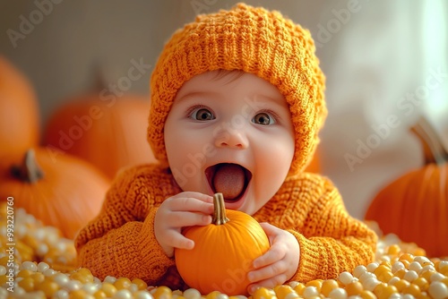 Cute little baby boy wearing yellow and brown sweater holding small freshly harvested pumpkin and beaing very happy and cheerful. Thanksgiving day concept. Generative Ai photo