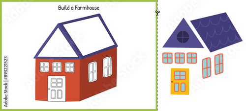 Build a farmhouse cut and glue game for kids. Educational activity page for children. Matching game templates Vector illustration