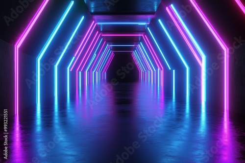 A neon tunnel with blue and pink lights