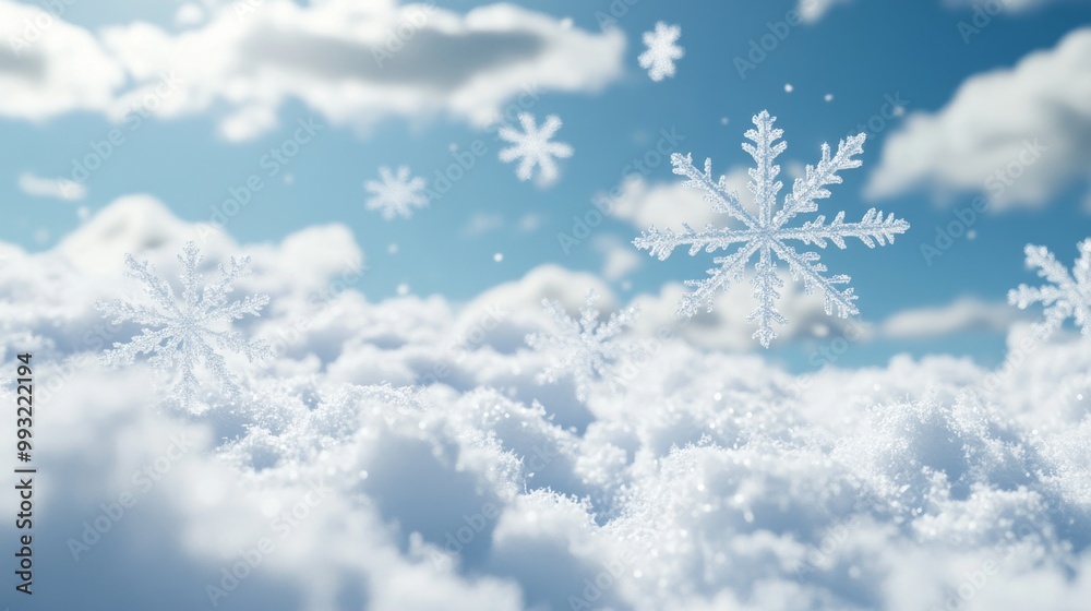 In a blue sky with white fluffy clouds, a white snowflake or ice crystal blooms and drops In a blue sky with white fluffy clouds, a white snowflake or ice crystal blooms and drops