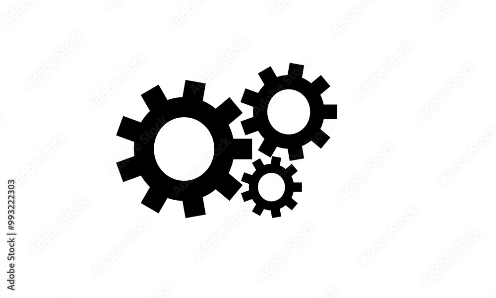 Black Gear Mechanism Icon.  A minimalist black-and-white illustration featuring three interlocking gears of varying sizes. The design symbolizes machinery, engineering, teamwork, and technical process