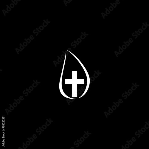 Drop and leaf on a religious theme . Leaf religious cross icon  isolated on black background .